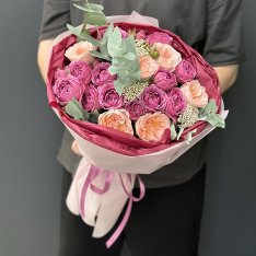 Author's bouquet of flowers from peony roses photo