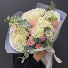 Bouquet of flowers with peonies, hydrangea and lilac photo