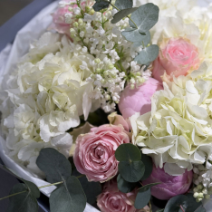 Bouquet of flowers with peonies, hydrangea and lilac photo